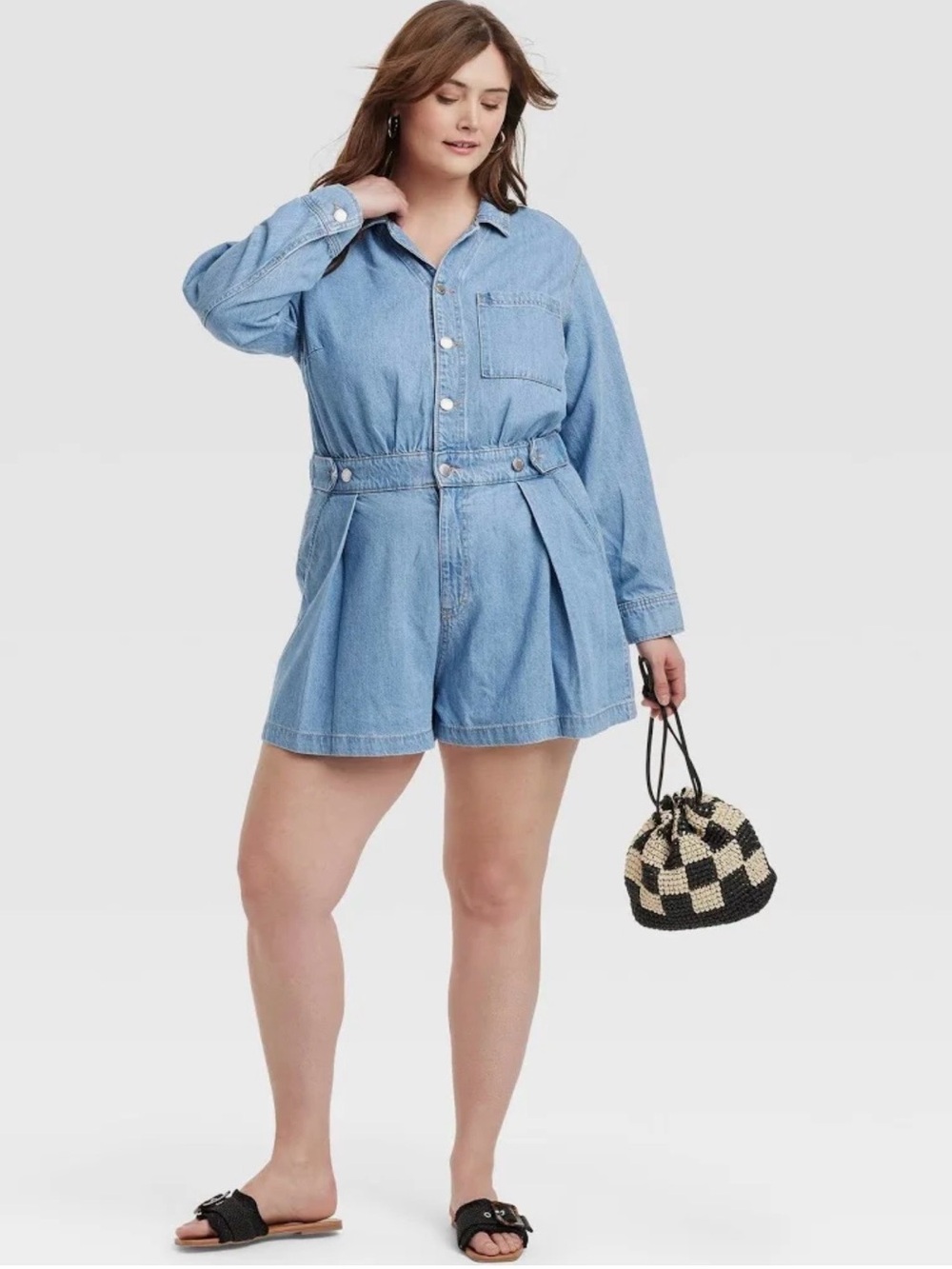 NWT Universal Thread Denim Romper Size 17 Plus Blue Long Sleeve Button Front
